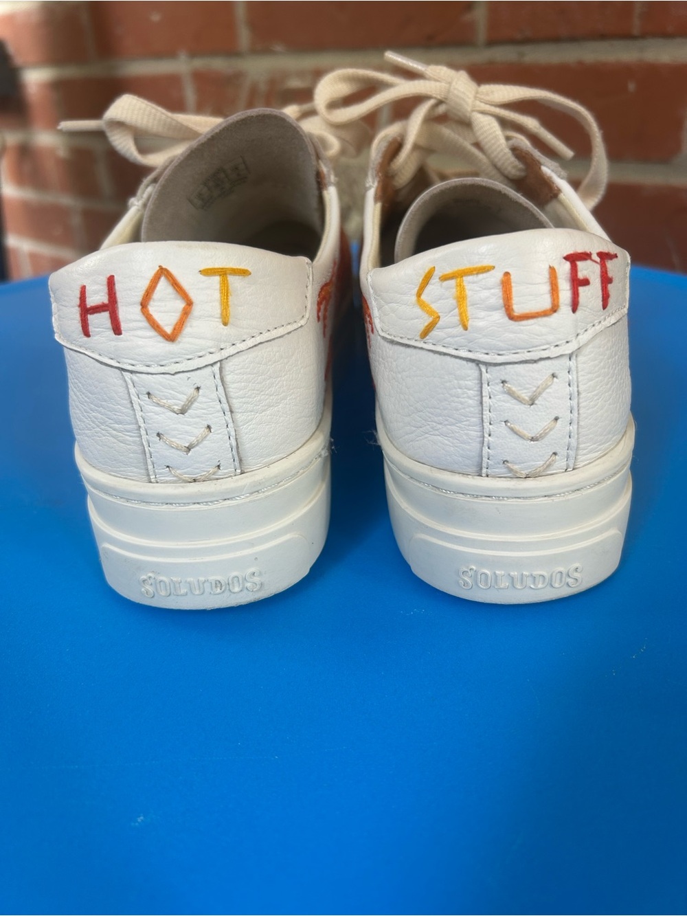 Soludos White Leather Platform Sneakers with Red, Orange and Yellow Embroidery